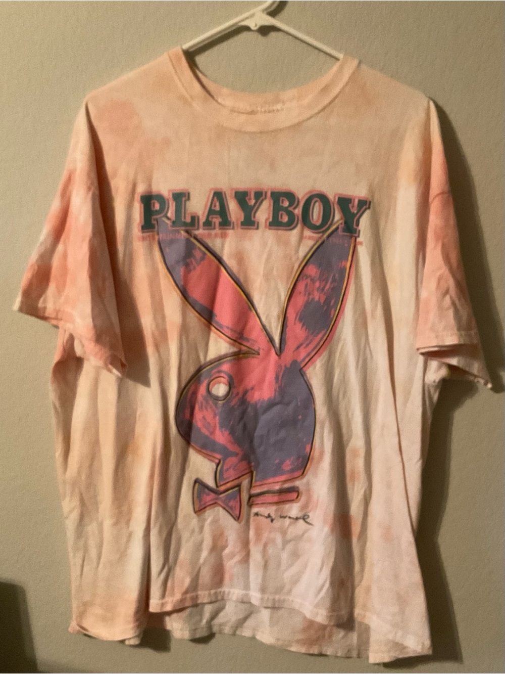 PLAYBOY Peach Tie-Dye Bunny Graphic Tee with Purple Accents